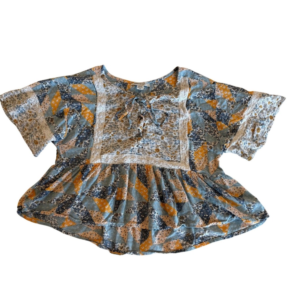 American Girl Patchwork Floral Lace Babydoll Top Blue Orange Small Boho Blouse